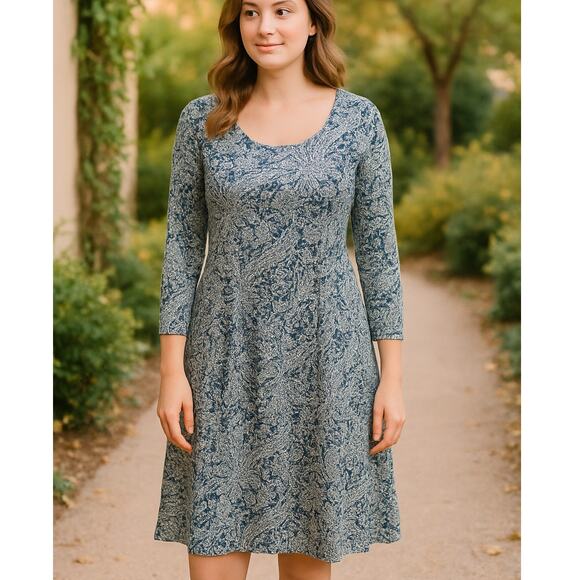 Peruvian Connection SZ XL Pima Cotton Navy & Cream Floral Print Dress NWOT - Picture 1 of 5